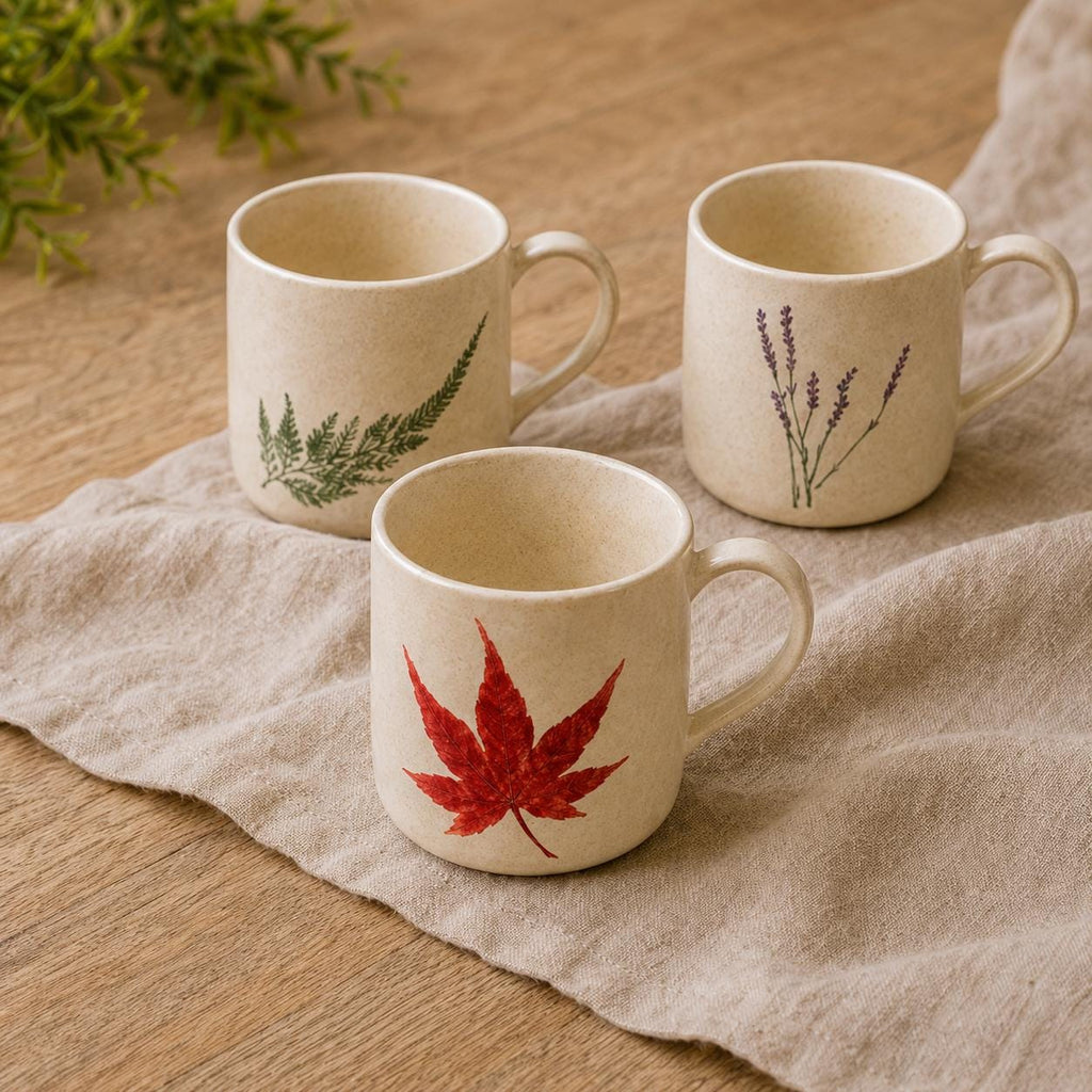 Handmade Ceramic Fern Mug | Botanical Imprint Coffee Cup, Speckled Beige Pottery