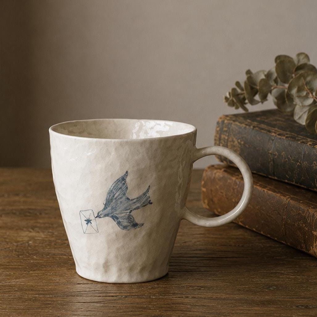 Hand-Painted Carrier Pigeon Ceramic Mug, Minimalist Bird Line Art Coffee Cup