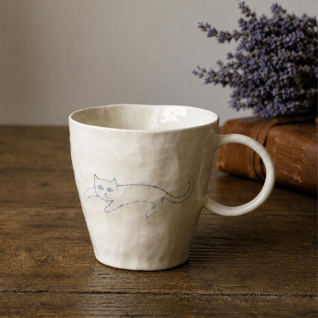 Hand-Painted Cat Ceramic Mug, Minimalist Line Art Pottery Coffee Cup