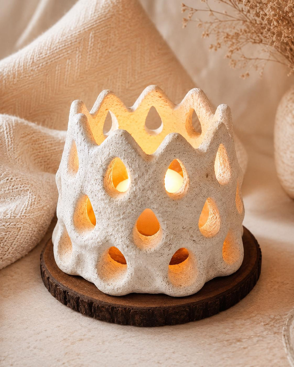 Handmade Ceramic Cutout Tealight Holder, Rustic White Candle Lantern