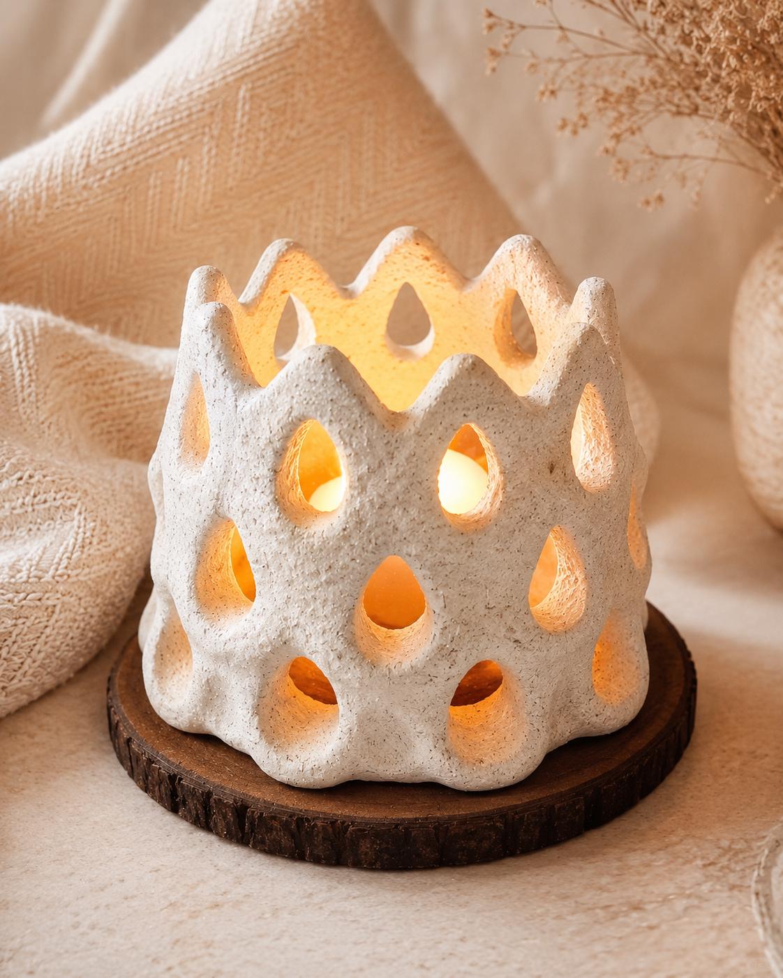 Handmade Ceramic Cutout Tealight Holder, Rustic White Candle Lantern