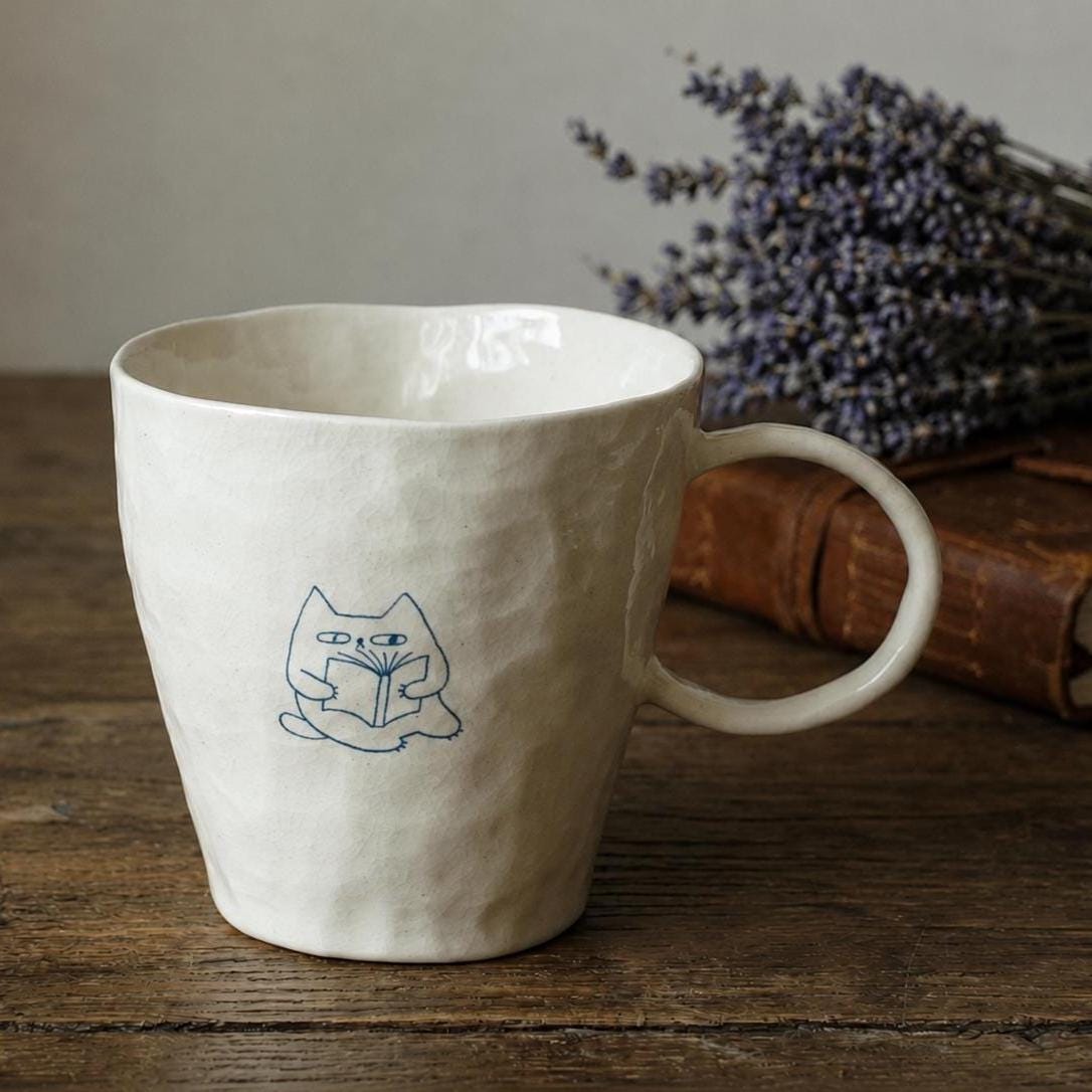 Hand-Painted Cat Ceramic Mug, Minimalist Line Art Pottery Coffee Cup