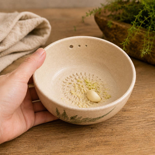 Botanical Ceramic Herb Stripper Bowl, Garlic Grater Kitchen Tool