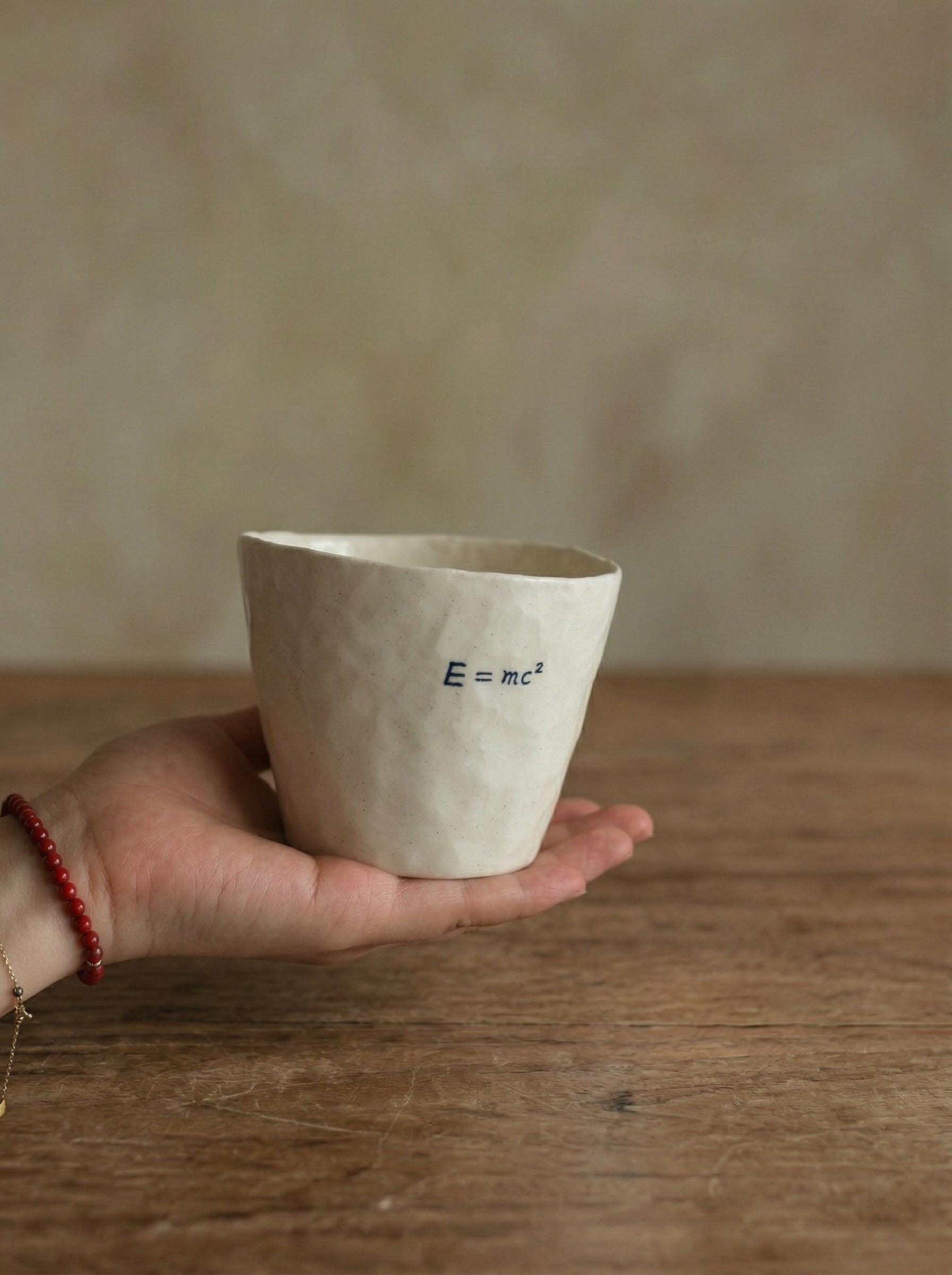 E=mc2 Handmade Ceramic Cup, Handleless Hand Pinched Pottery Tumbler, Relativity Science Gift Mug 200-500ml