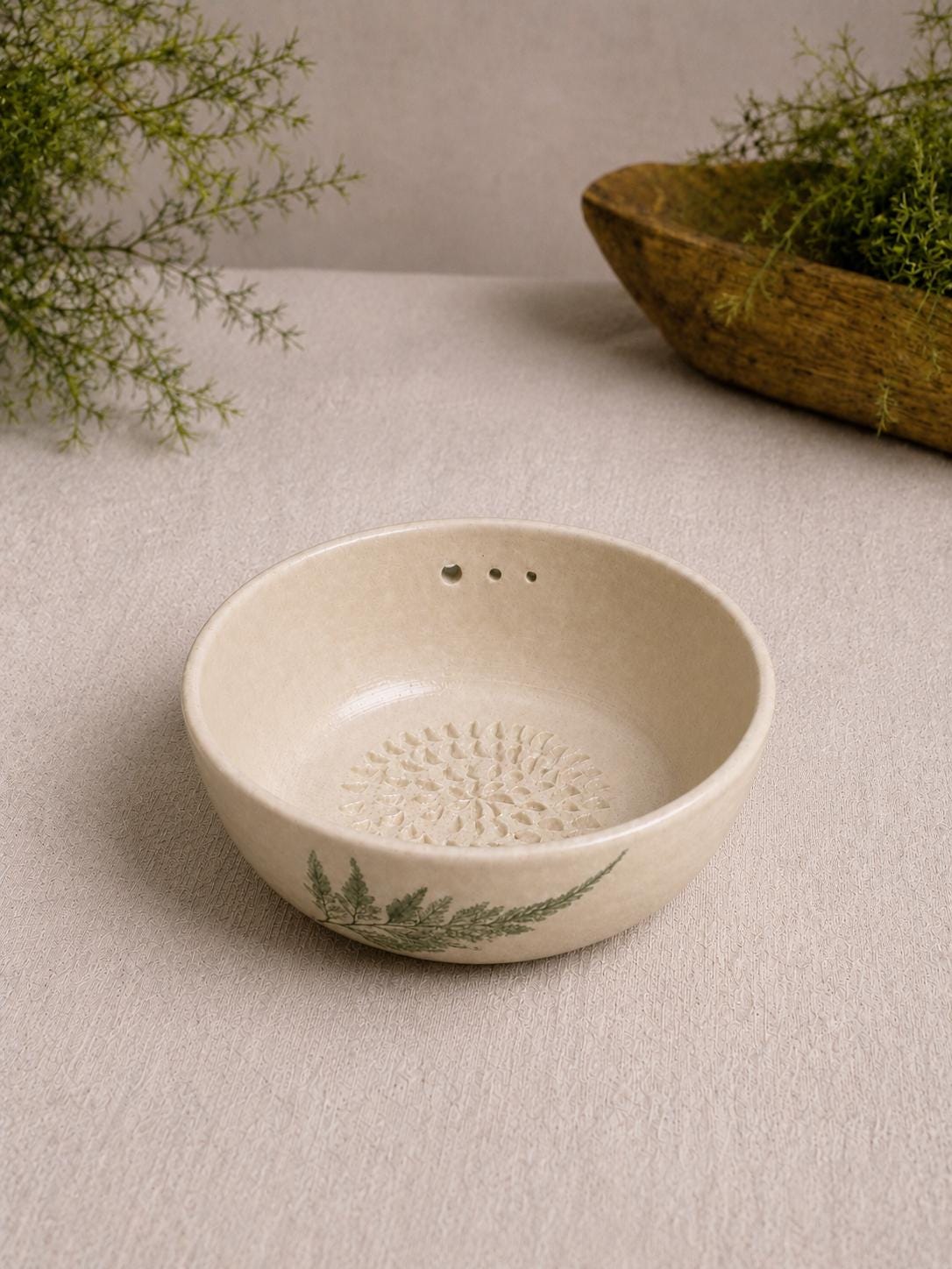 Botanical Ceramic Herb Stripper Bowl, Garlic Grater Kitchen Tool