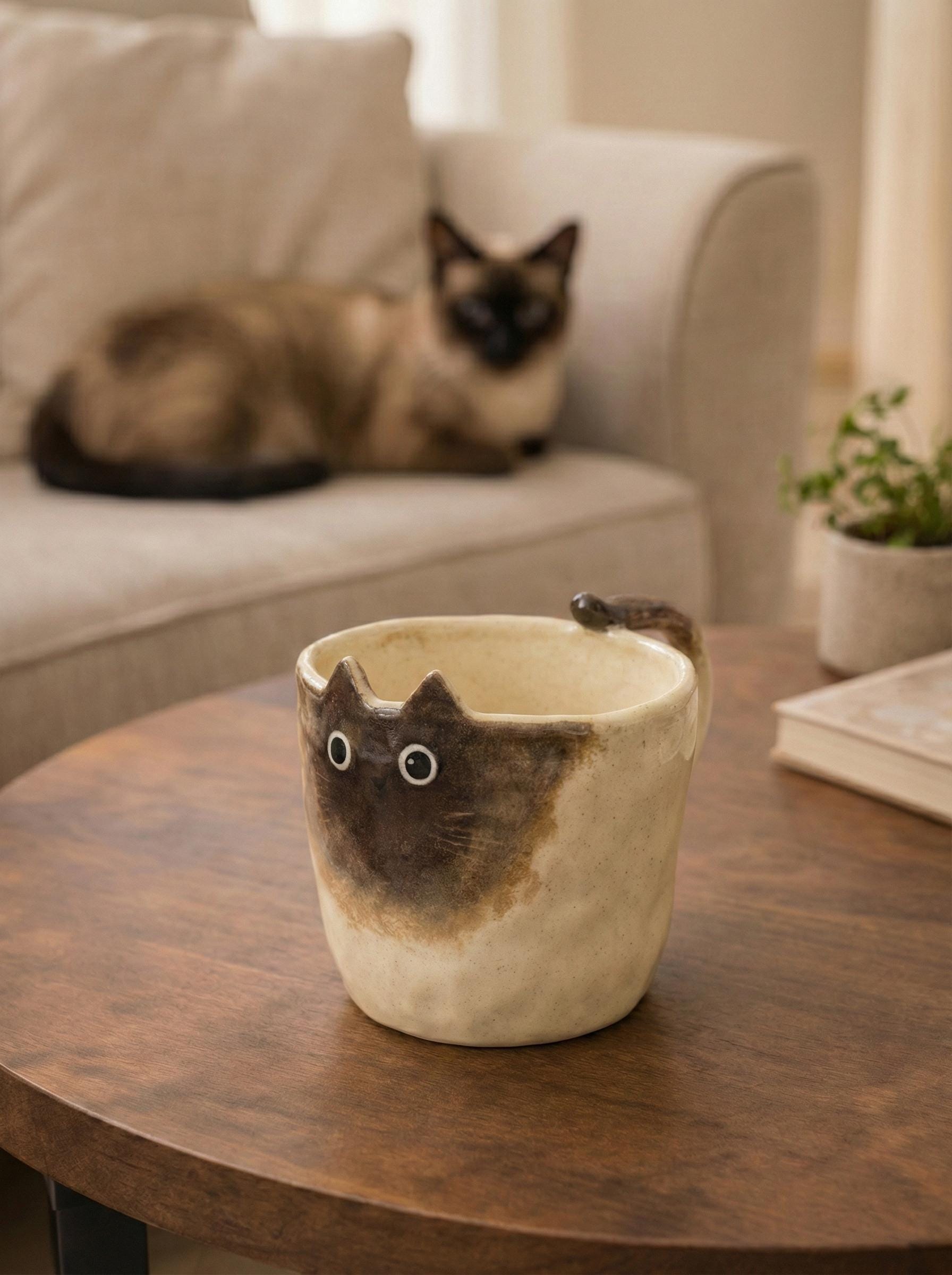Hand-painted Cat Mug with Tail Handle, Unique for Dog Lover, Personalized Pet Gift