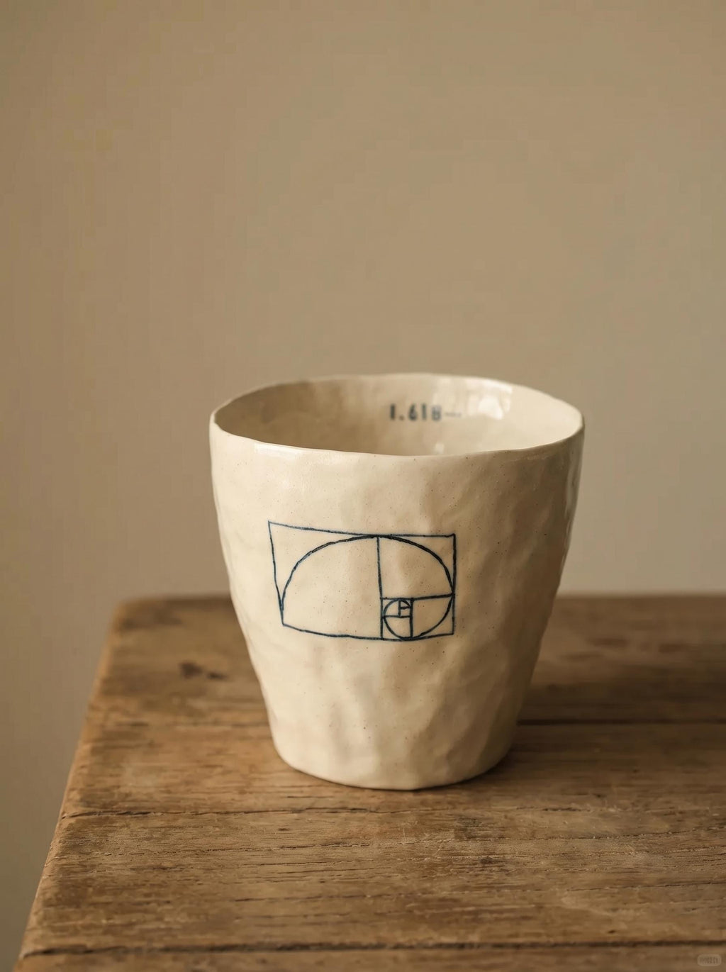 Golden Ratio Ceramic Cup, Handleless Porcelain Mug, Fibonacci Spiral Pottery