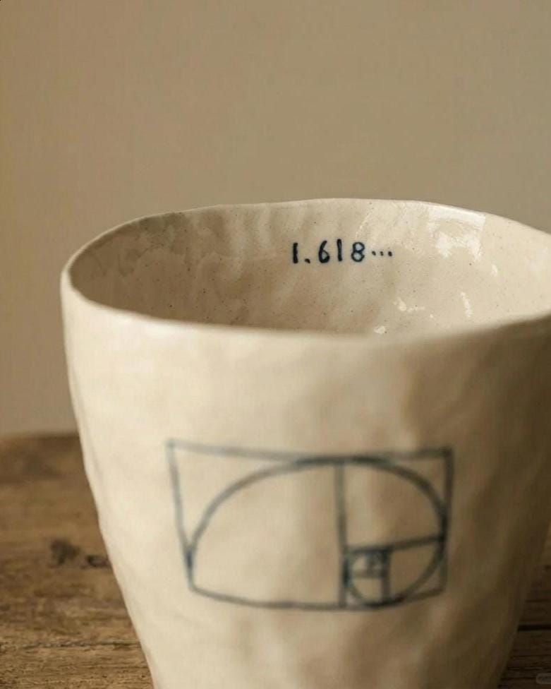 Golden Ratio Ceramic Cup, Handleless Porcelain Mug, Fibonacci Spiral Pottery