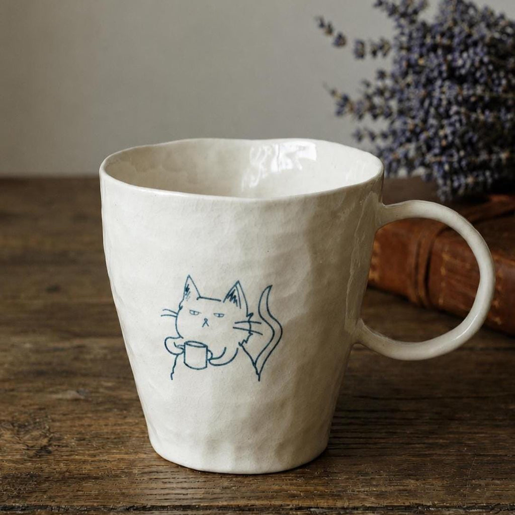 Hand-Painted Cat Ceramic Mug, Minimalist Line Art Pottery Coffee Cup