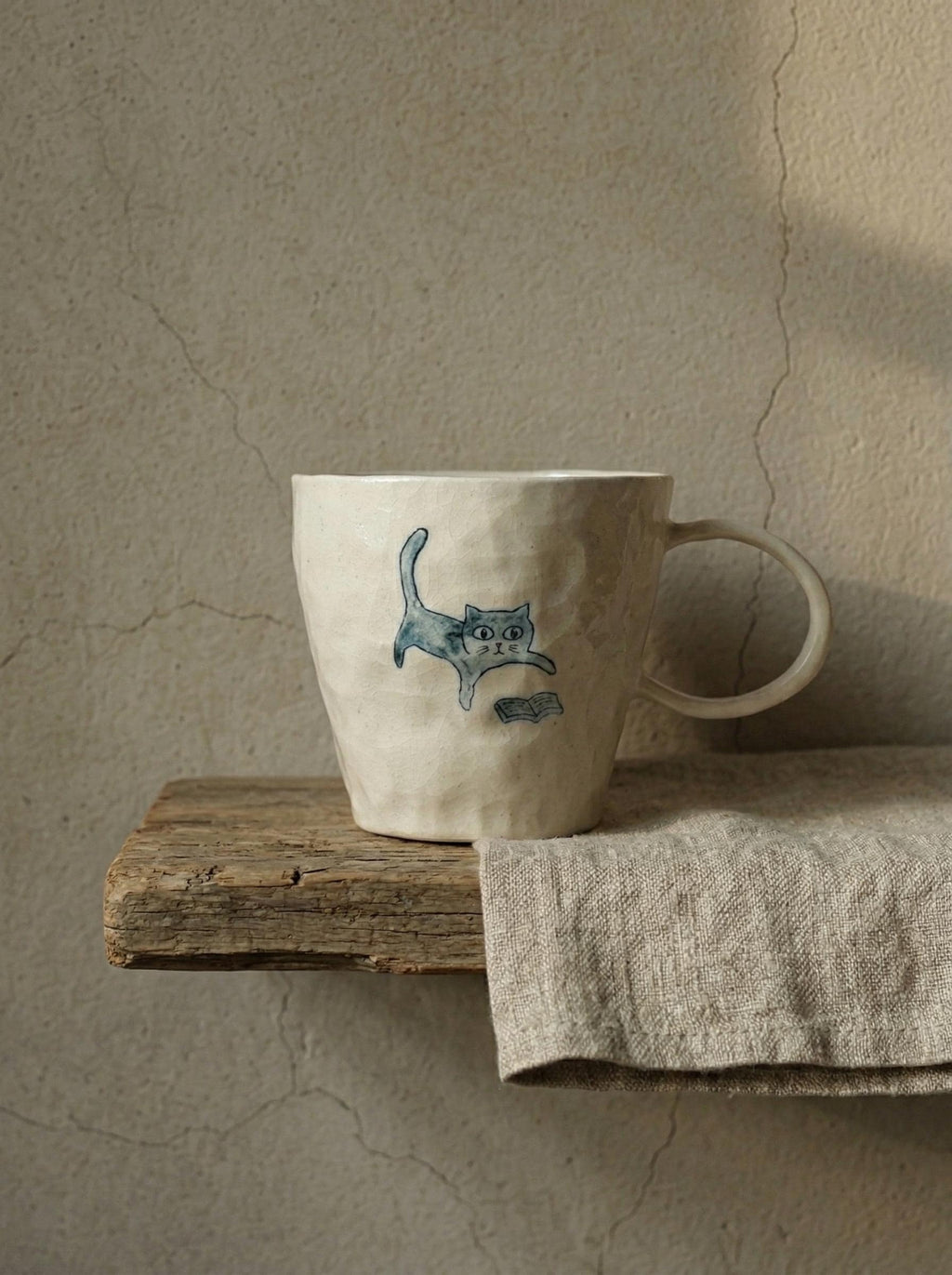 Hand-Painted Cat Ceramic Mug, Minimalist Line Art Pottery Coffee Cup