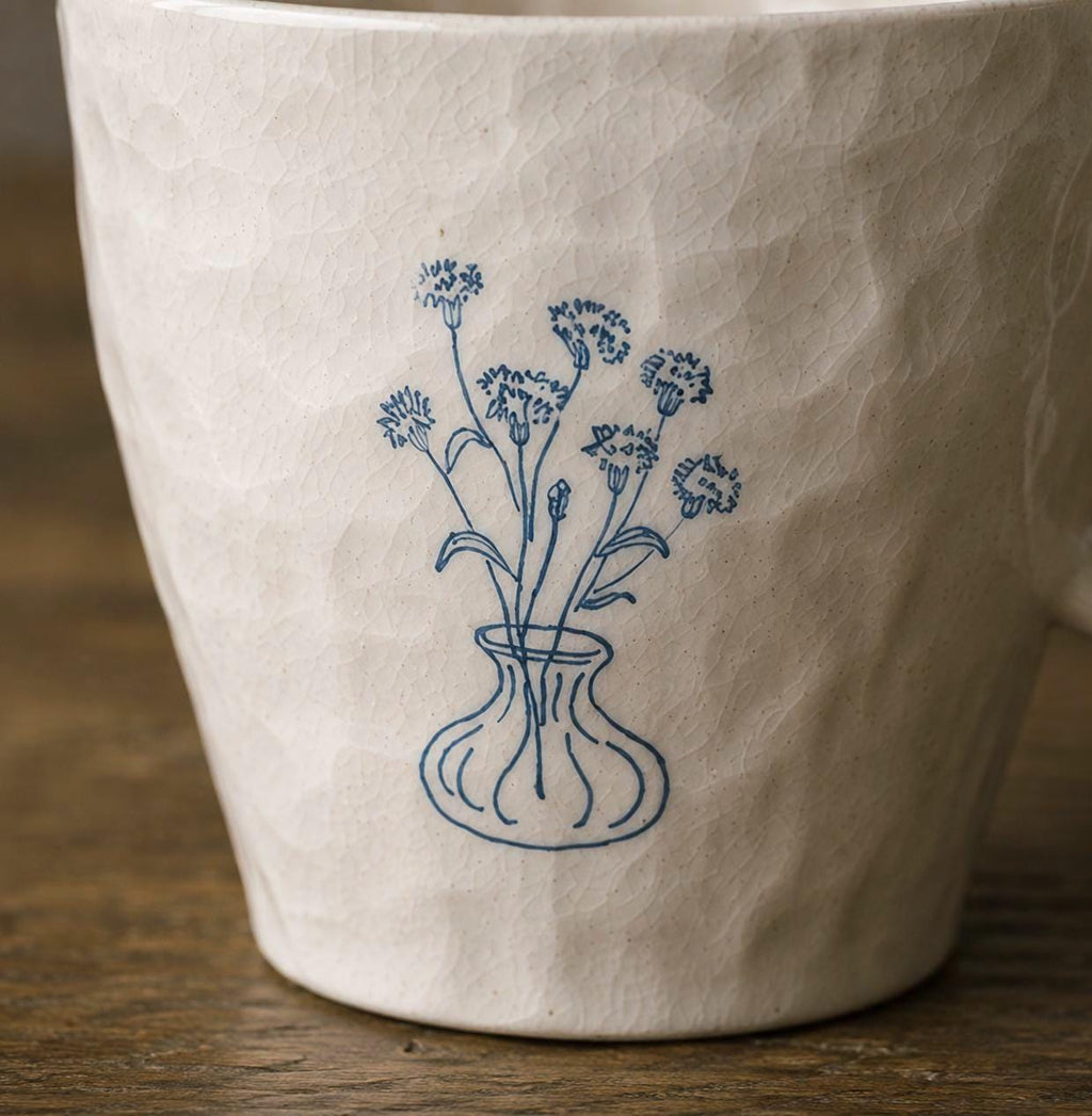 Hand-Painted Ceramic Mug, Blue Floral Line Art Pottery Coffee Cup, Vintage Inspired Handmade