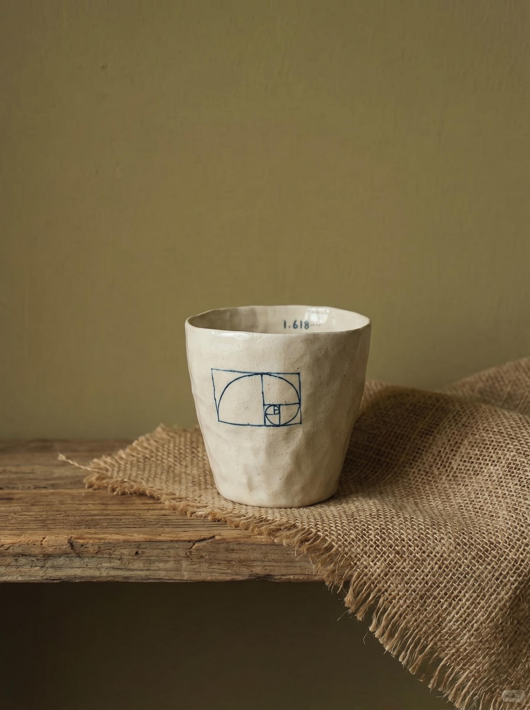 Golden Ratio Ceramic Cup, Handleless Porcelain Mug, Fibonacci Spiral Pottery