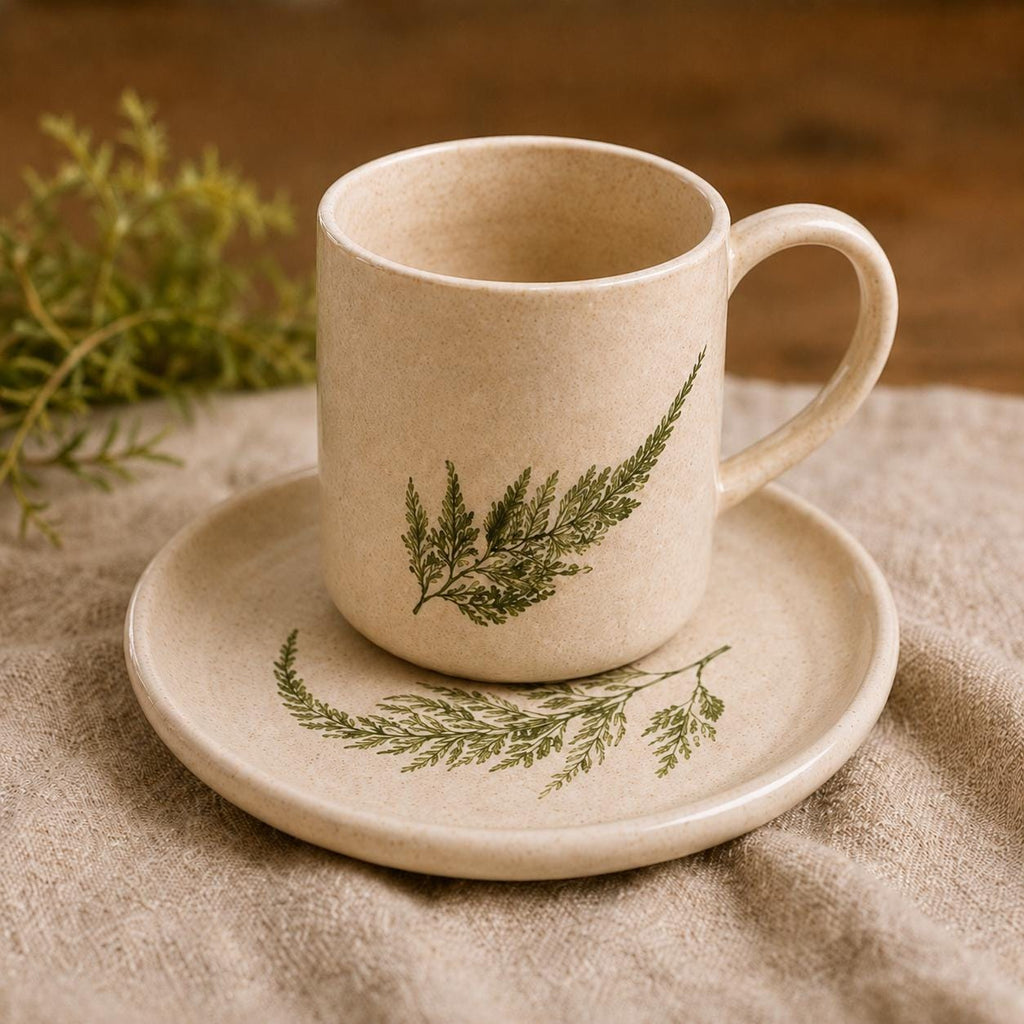 Handmade Ceramic Fern Mug | Botanical Imprint Coffee Cup, Speckled Beige Pottery