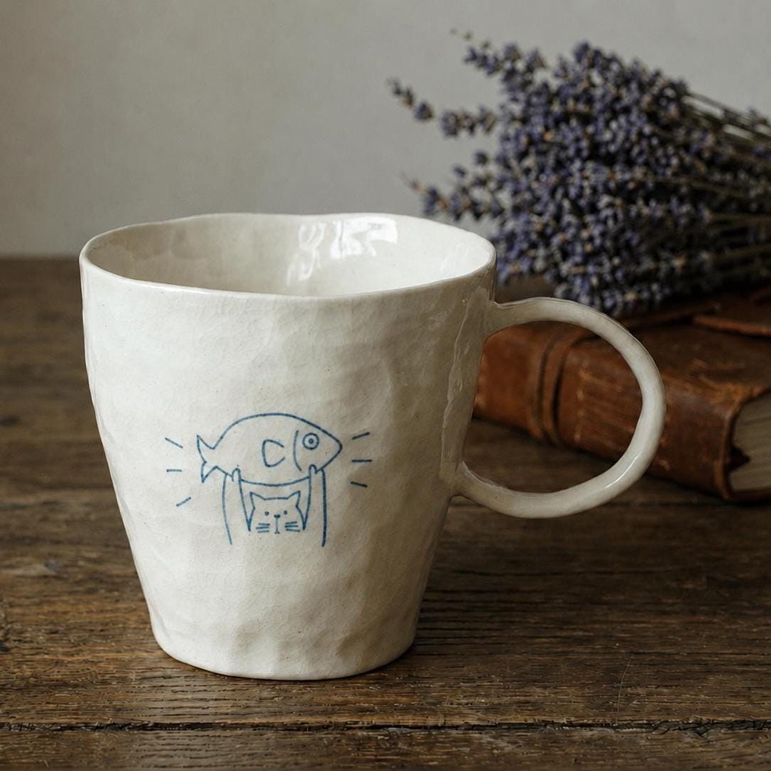 Hand-Painted Cat Ceramic Mug, Minimalist Line Art Pottery Coffee Cup