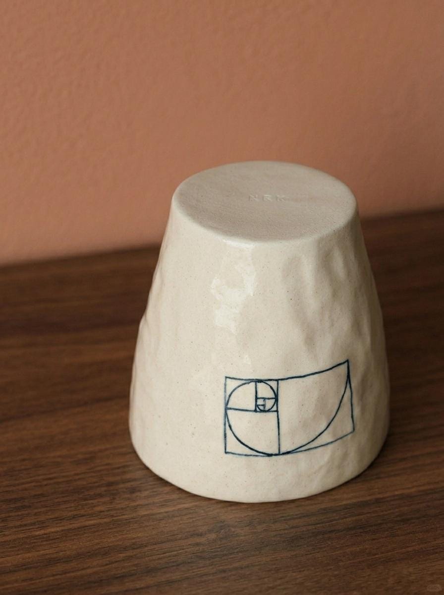 Golden Ratio Ceramic Cup, Handleless Porcelain Mug, Fibonacci Spiral Pottery