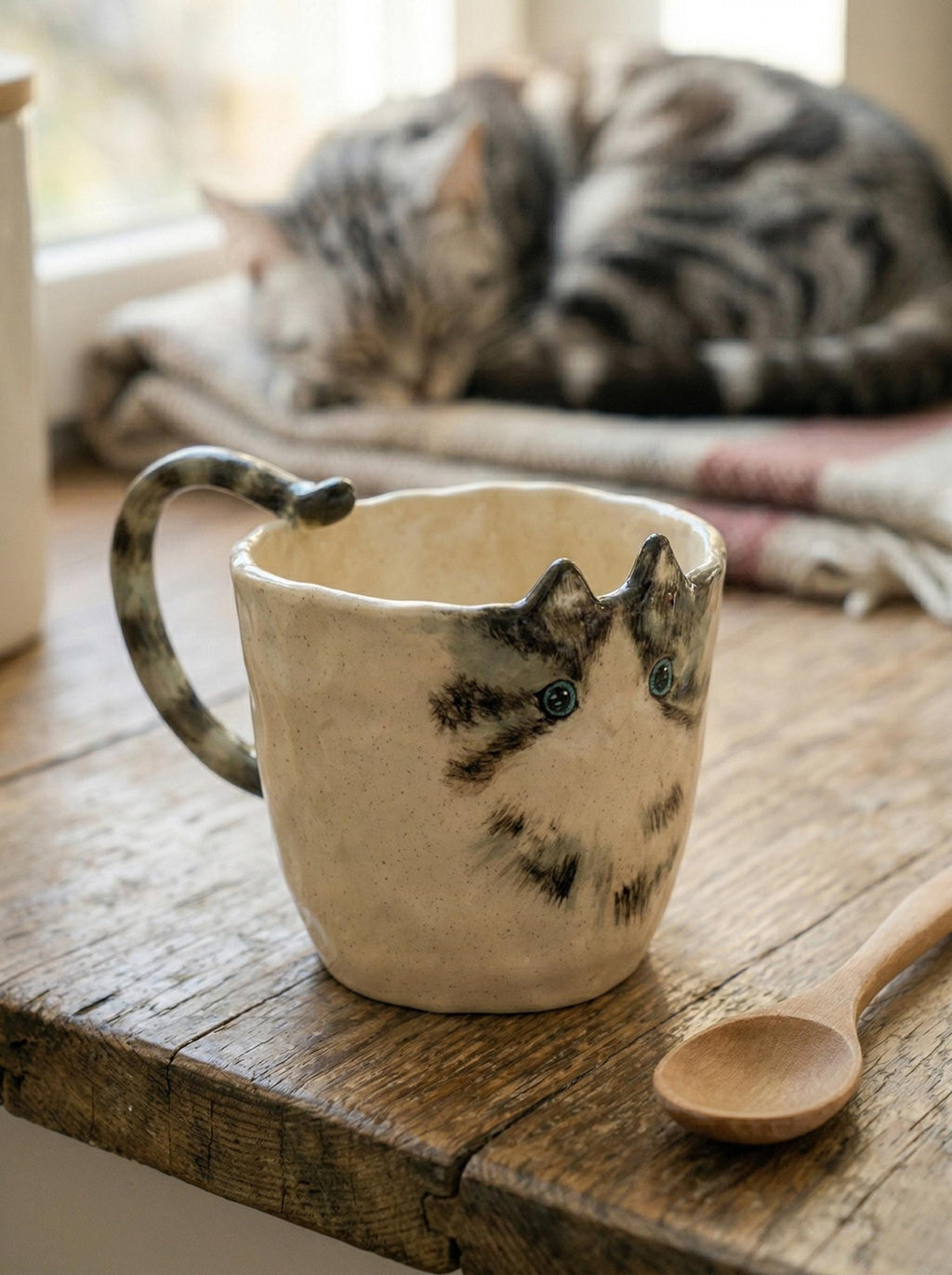 Hand-painted Cat Mug with Tail Handle, Unique for Dog Lover, Personalized Pet Gift
