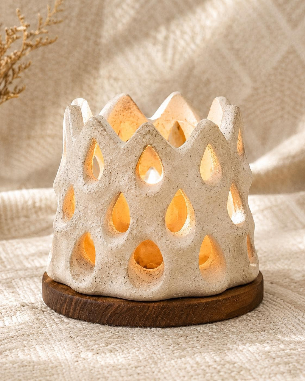 Handmade Ceramic Cutout Tealight Holder, Rustic White Candle Lantern