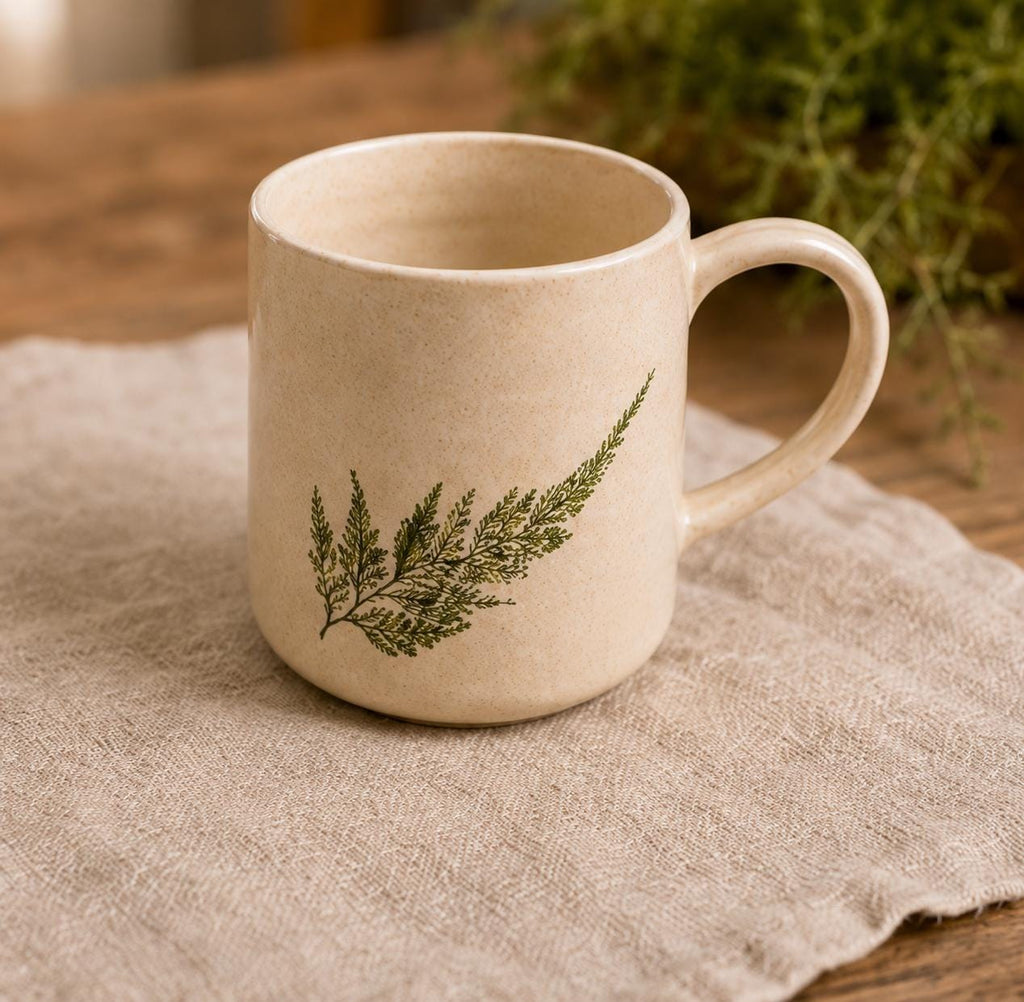 Handmade Ceramic Fern Mug | Botanical Imprint Coffee Cup, Speckled Beige Pottery
