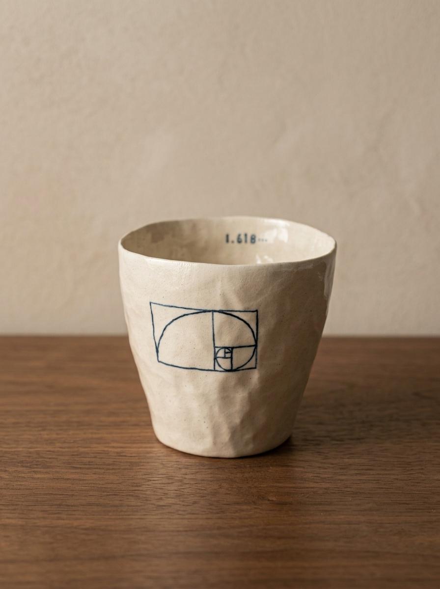 Golden Ratio Ceramic Cup, Handleless Porcelain Mug, Fibonacci Spiral Pottery