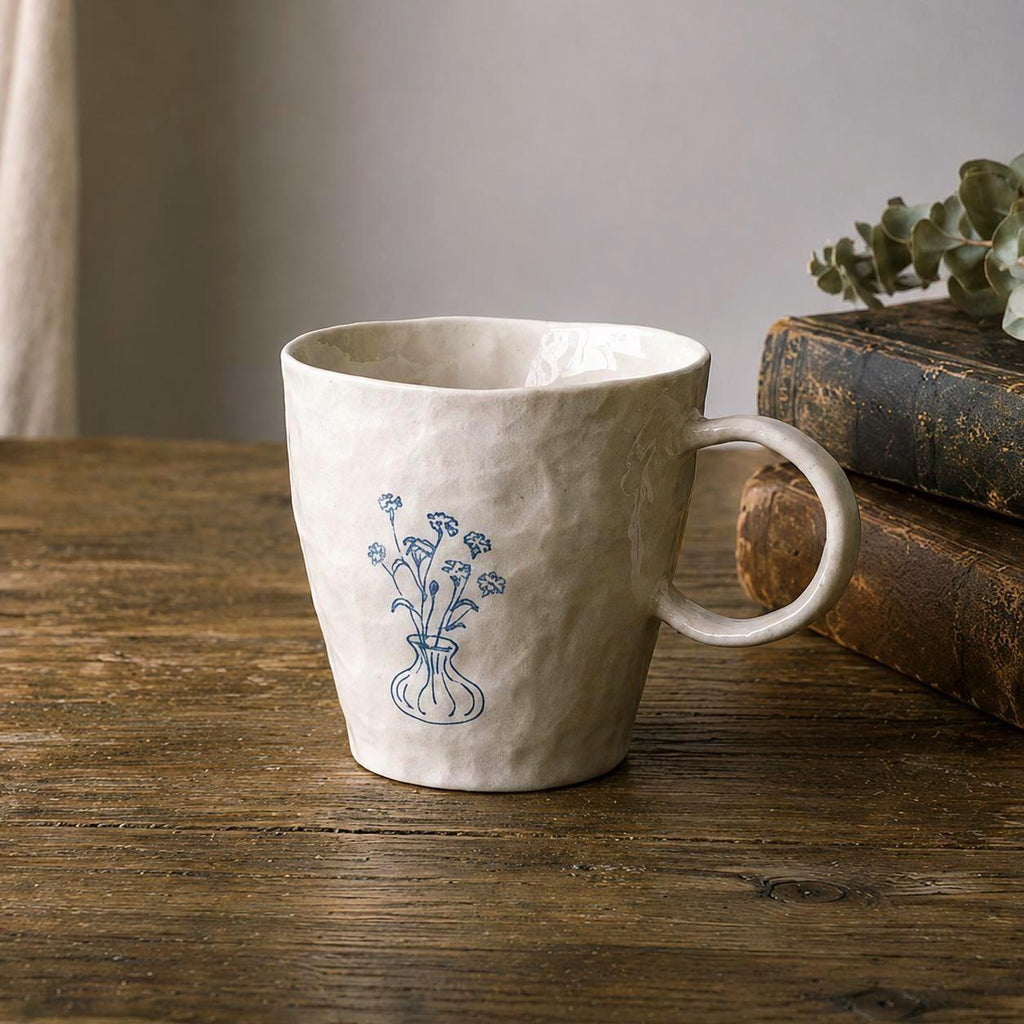 Hand-Painted Ceramic Mug, Blue Floral Line Art Pottery Coffee Cup, Vintage Inspired Handmade
