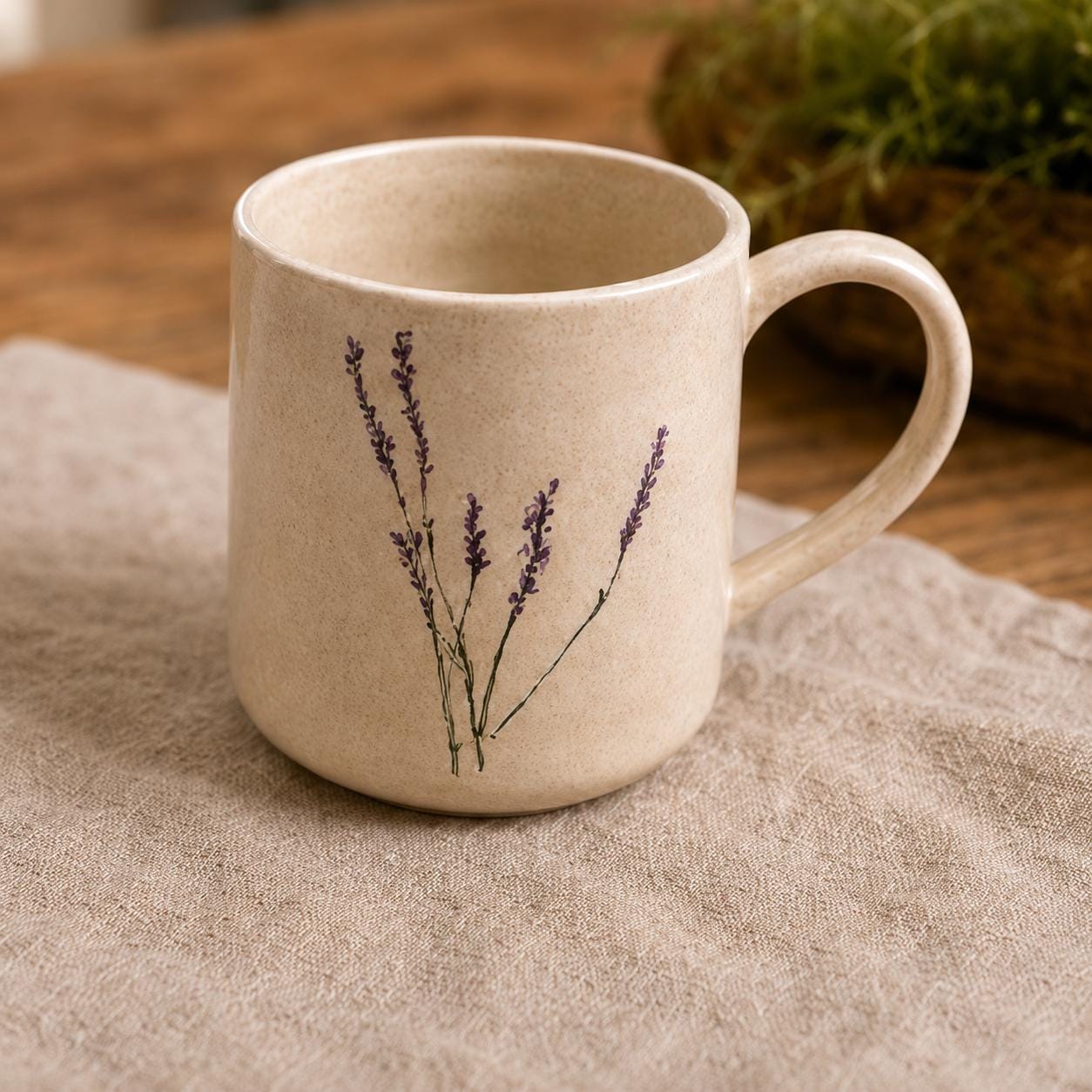 Handmade Ceramic Fern Mug | Botanical Imprint Coffee Cup, Speckled Beige Pottery