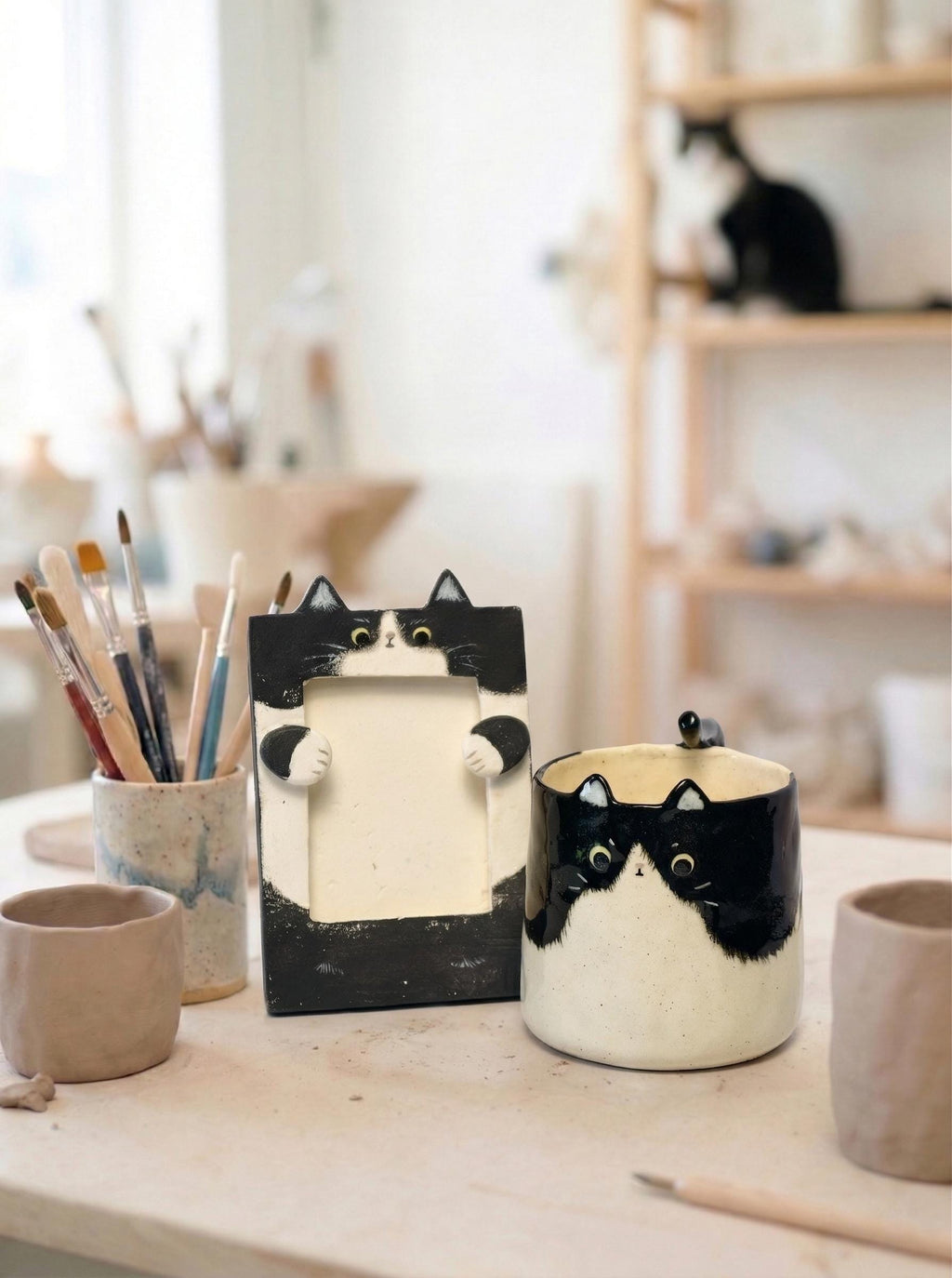 Custom Cat Portrait Ceramic Mug, Handmade Pet Pottery Art, Personalized Pet Gift