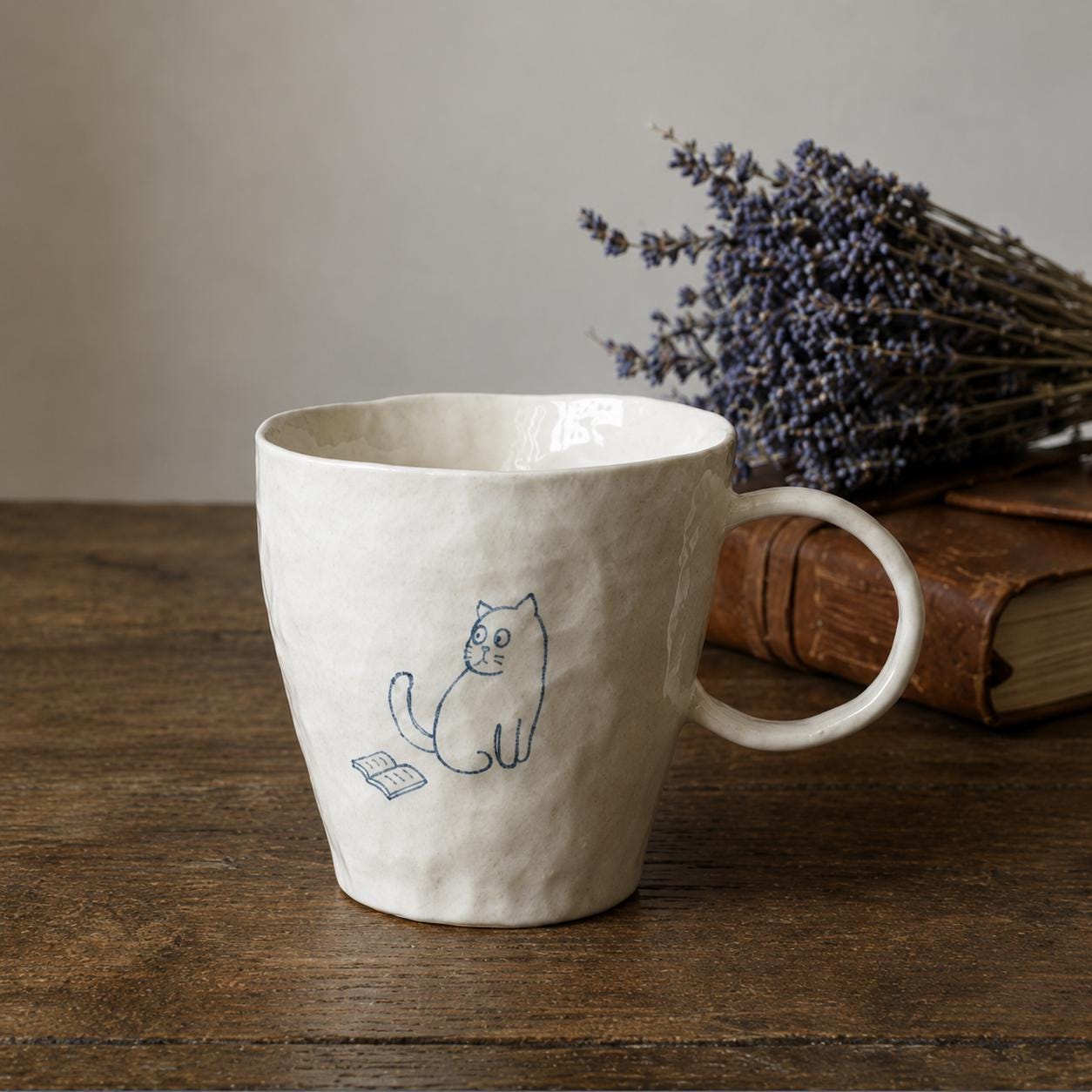 Hand-Painted Cat Ceramic Mug, Minimalist Line Art Pottery Coffee Cup