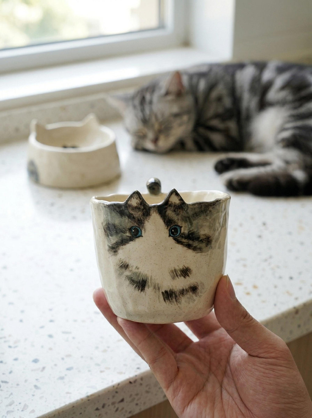 Hand-painted Cat Mug with Tail Handle, Unique for Dog Lover, Personalized Pet Gift