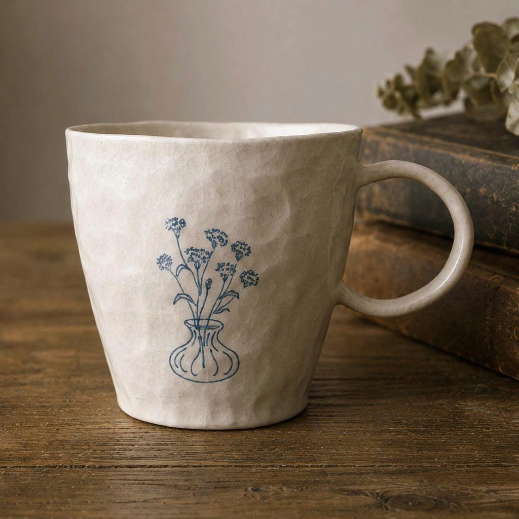 Hand-Painted Ceramic Mug, Blue Floral Line Art Pottery Coffee Cup, Vintage Inspired Handmade