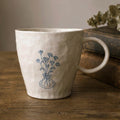 Hand-Painted Ceramic Mug, Blue Floral Line Art Pottery Coffee Cup, Vintage Inspired Handmade