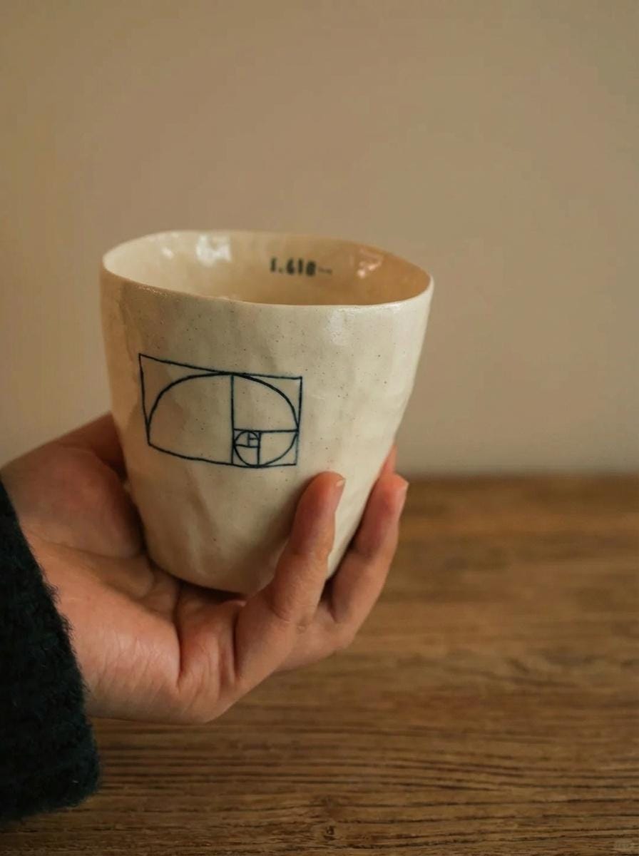 Golden Ratio Ceramic Cup, Handleless Porcelain Mug, Fibonacci Spiral Pottery