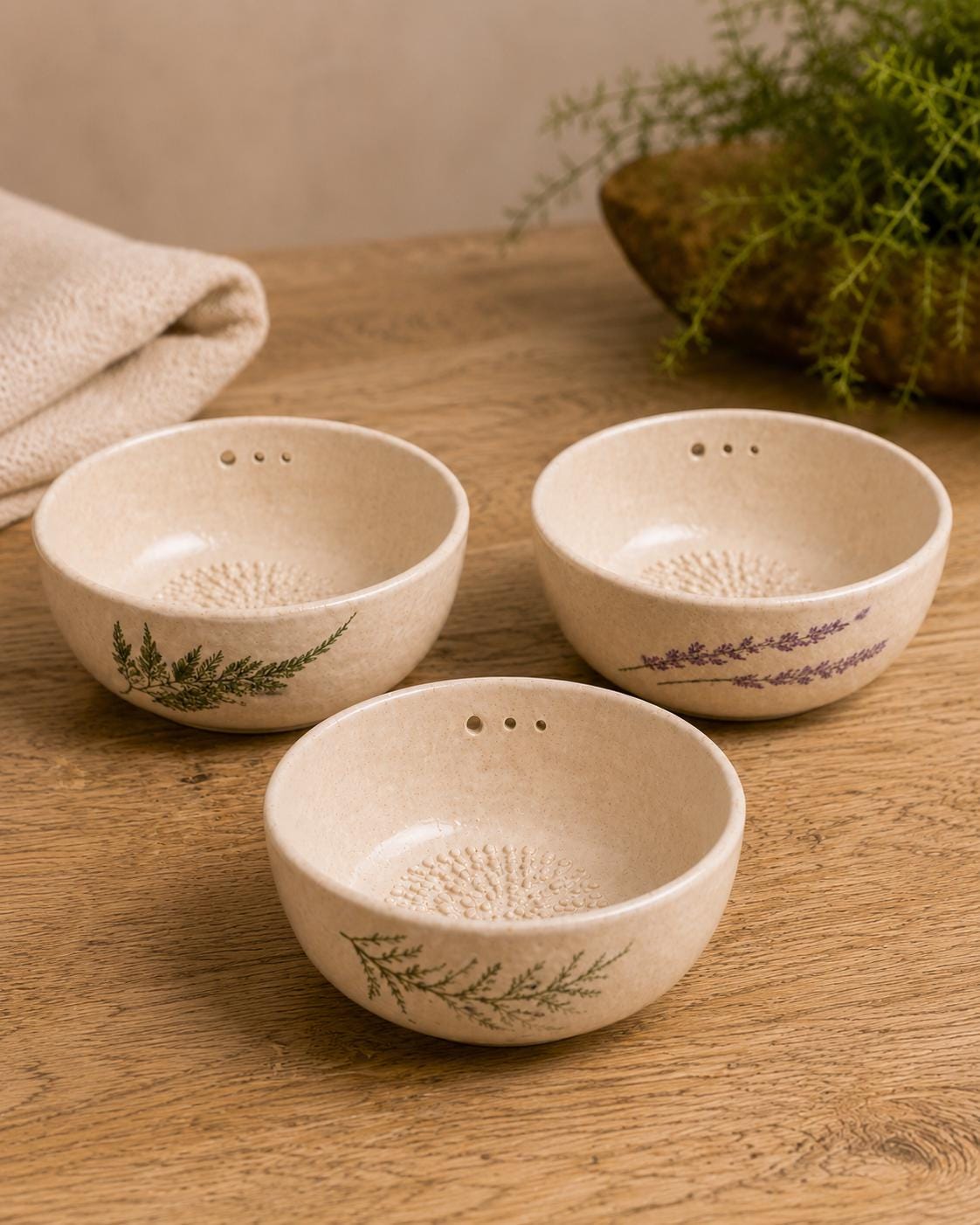 Botanical Ceramic Herb Stripper Bowl, Garlic Grater Kitchen Tool