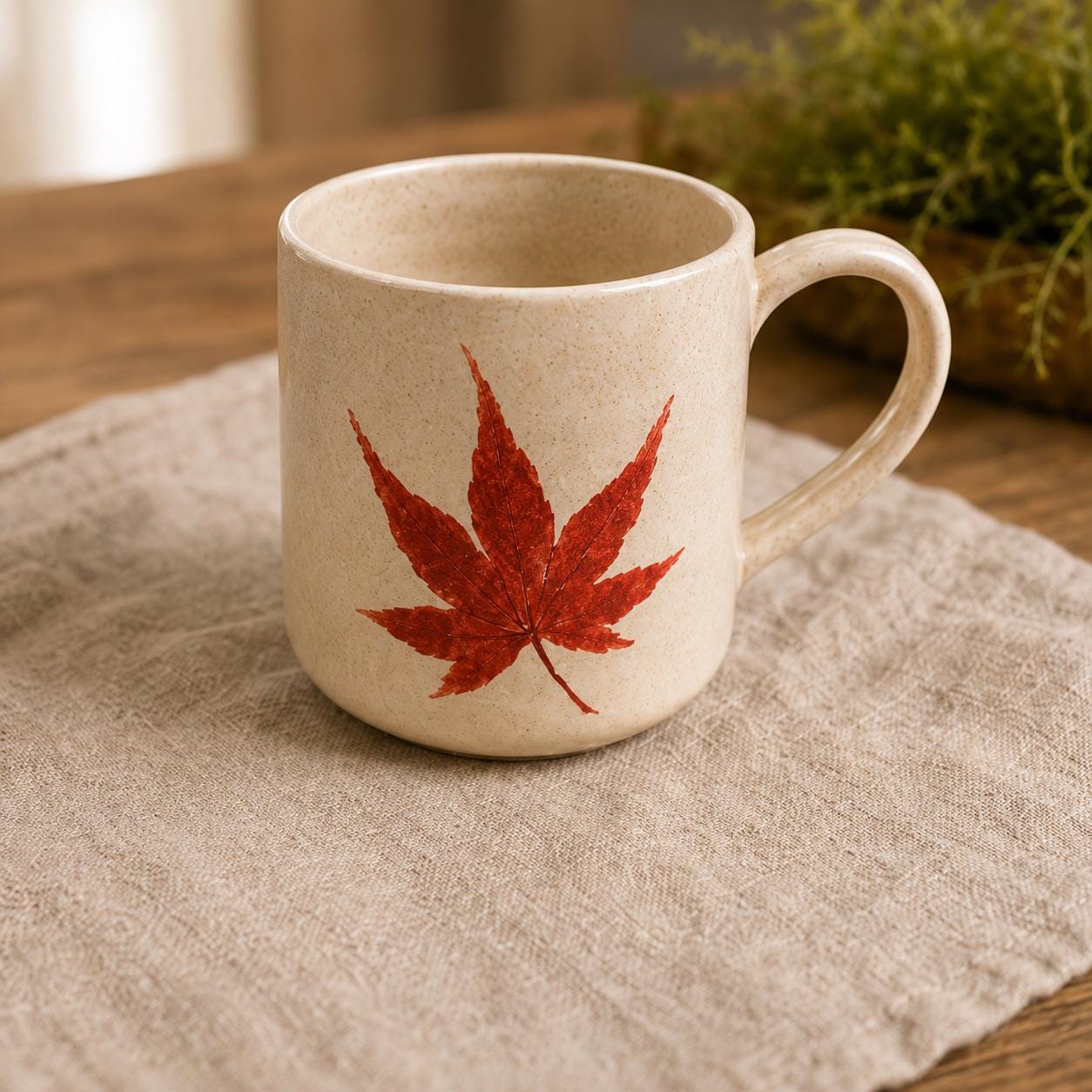 Handmade Ceramic Fern Mug | Botanical Imprint Coffee Cup, Speckled Beige Pottery