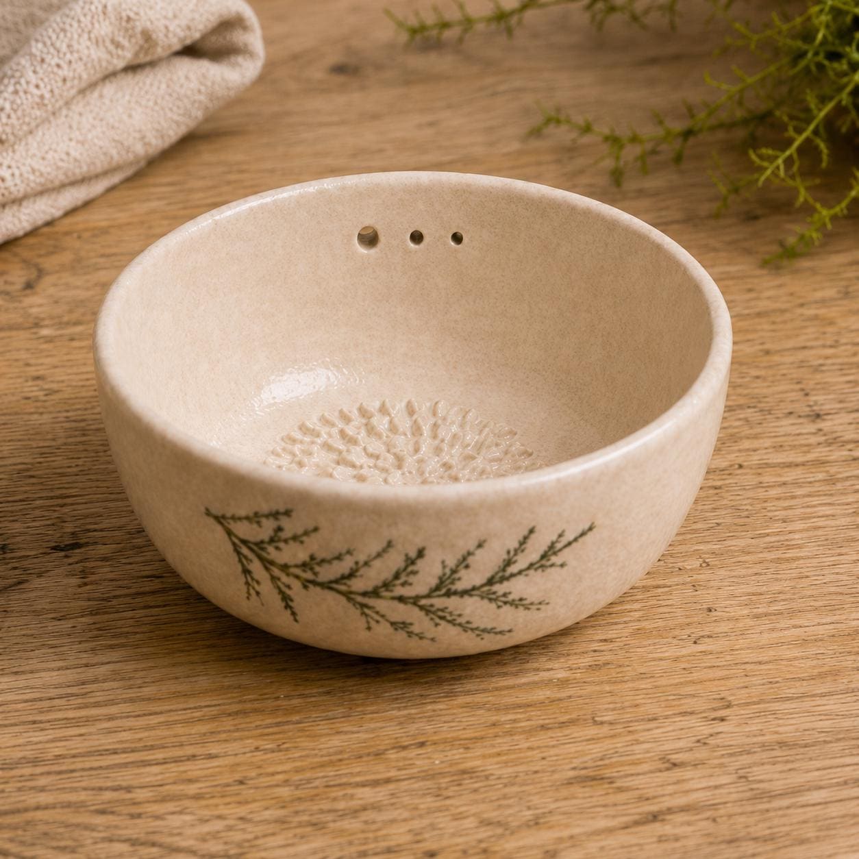 Botanical Ceramic Herb Stripper Bowl, Garlic Grater Kitchen Tool
