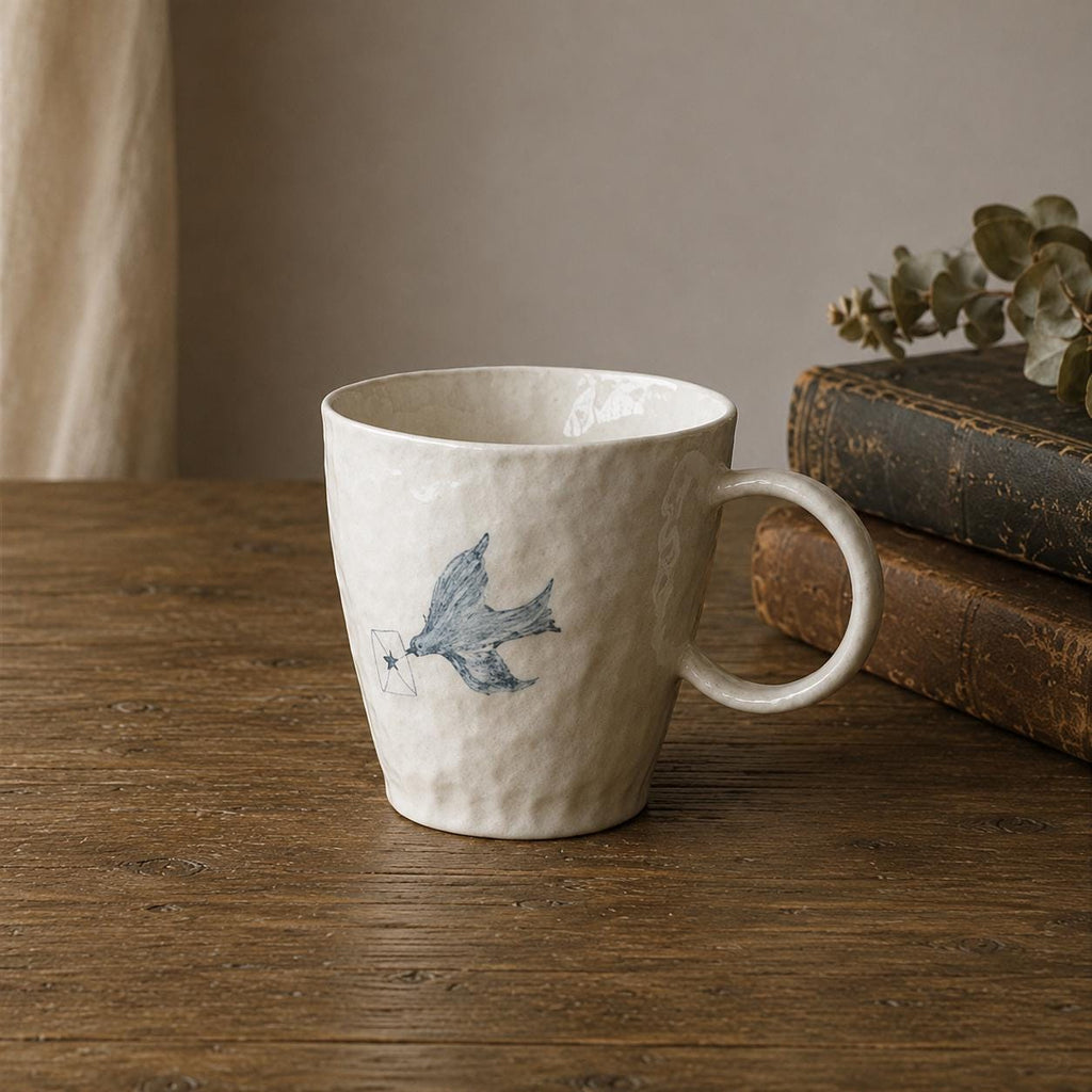 Hand-Painted Carrier Pigeon Ceramic Mug, Minimalist Bird Line Art Coffee Cup