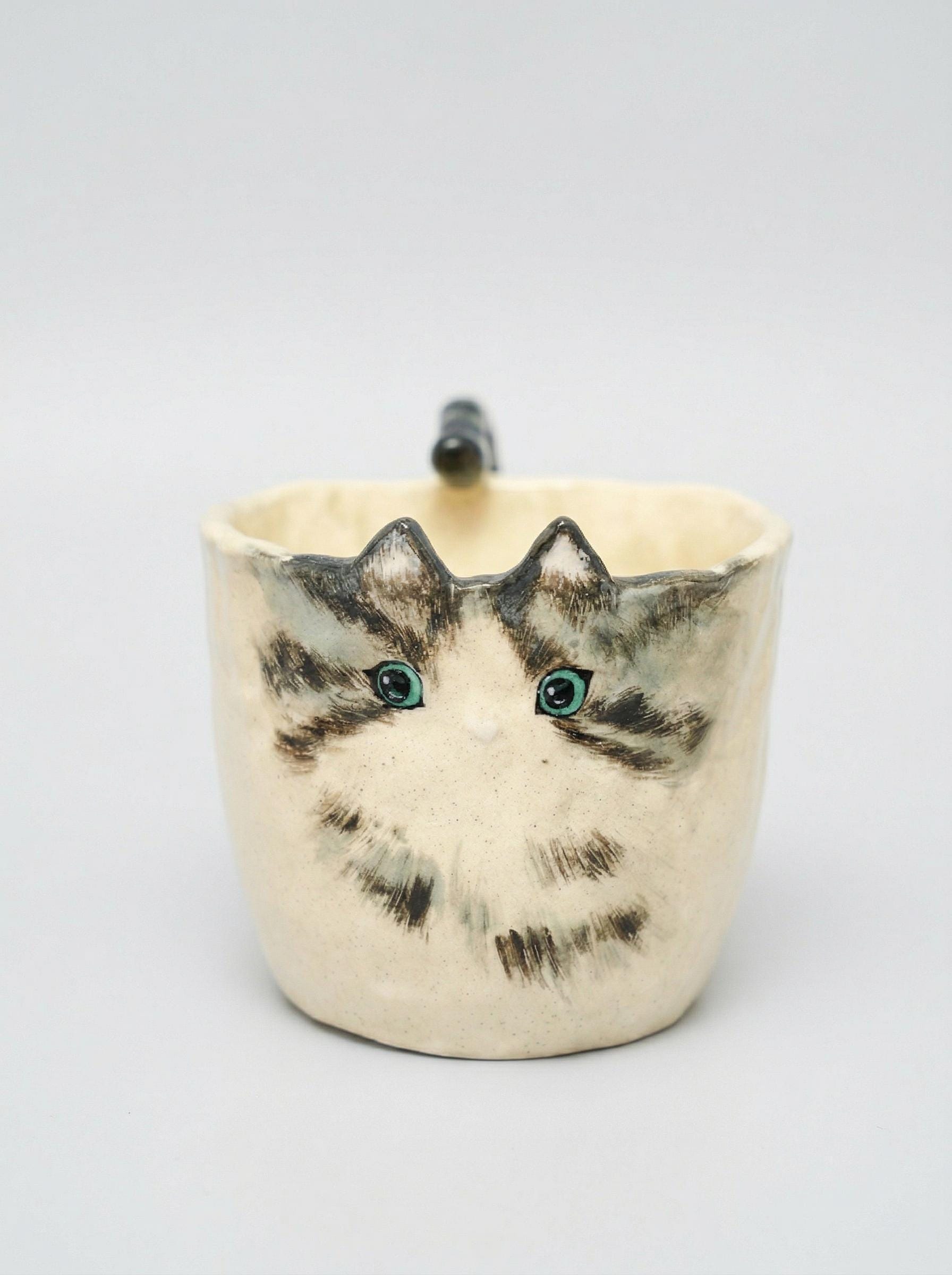 Hand-painted Cat Mug with Tail Handle, Unique for Dog Lover, Personalized Pet Gift