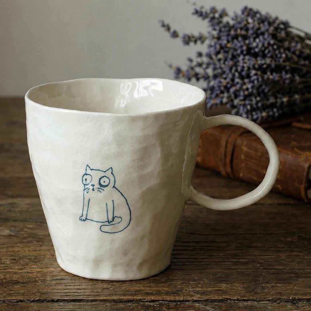 Hand-Painted Cat Ceramic Mug, Minimalist Line Art Pottery Coffee Cup
